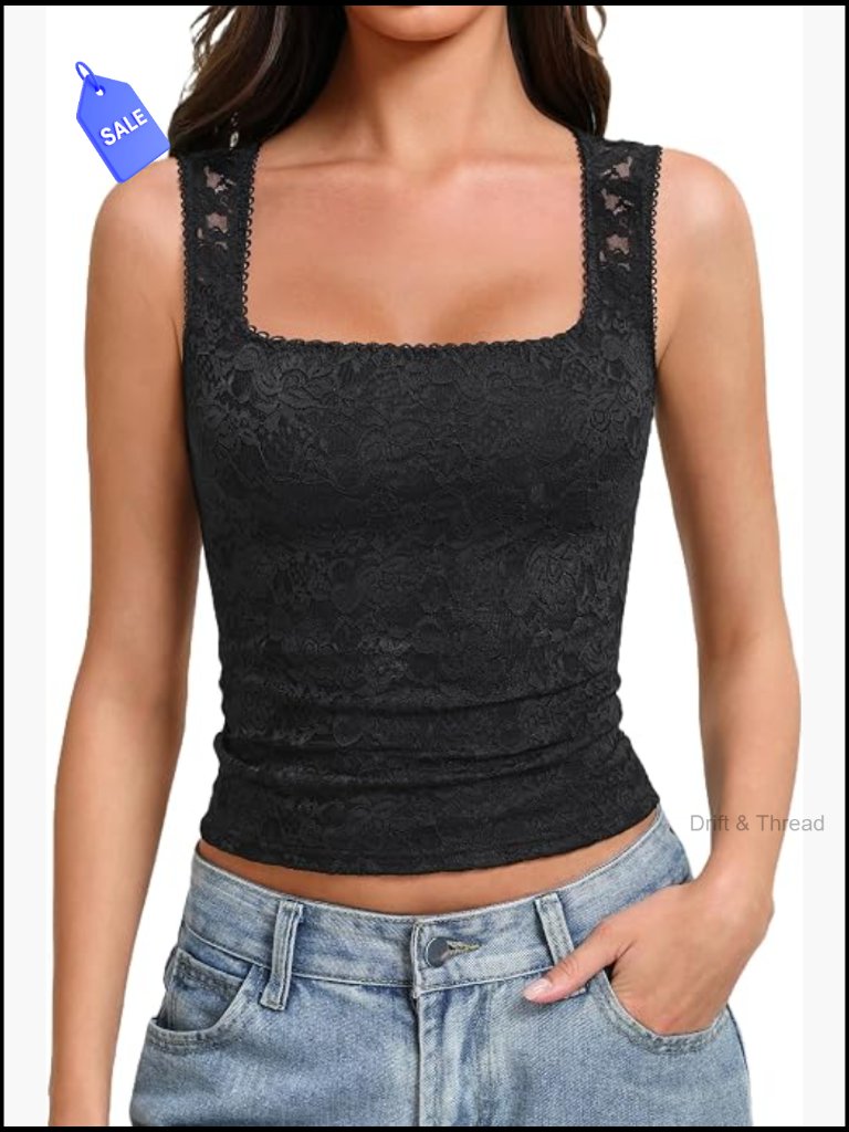 Lace Tank Top Square Neck Double Lined Going Out Tops Basic Slim Fit Summer